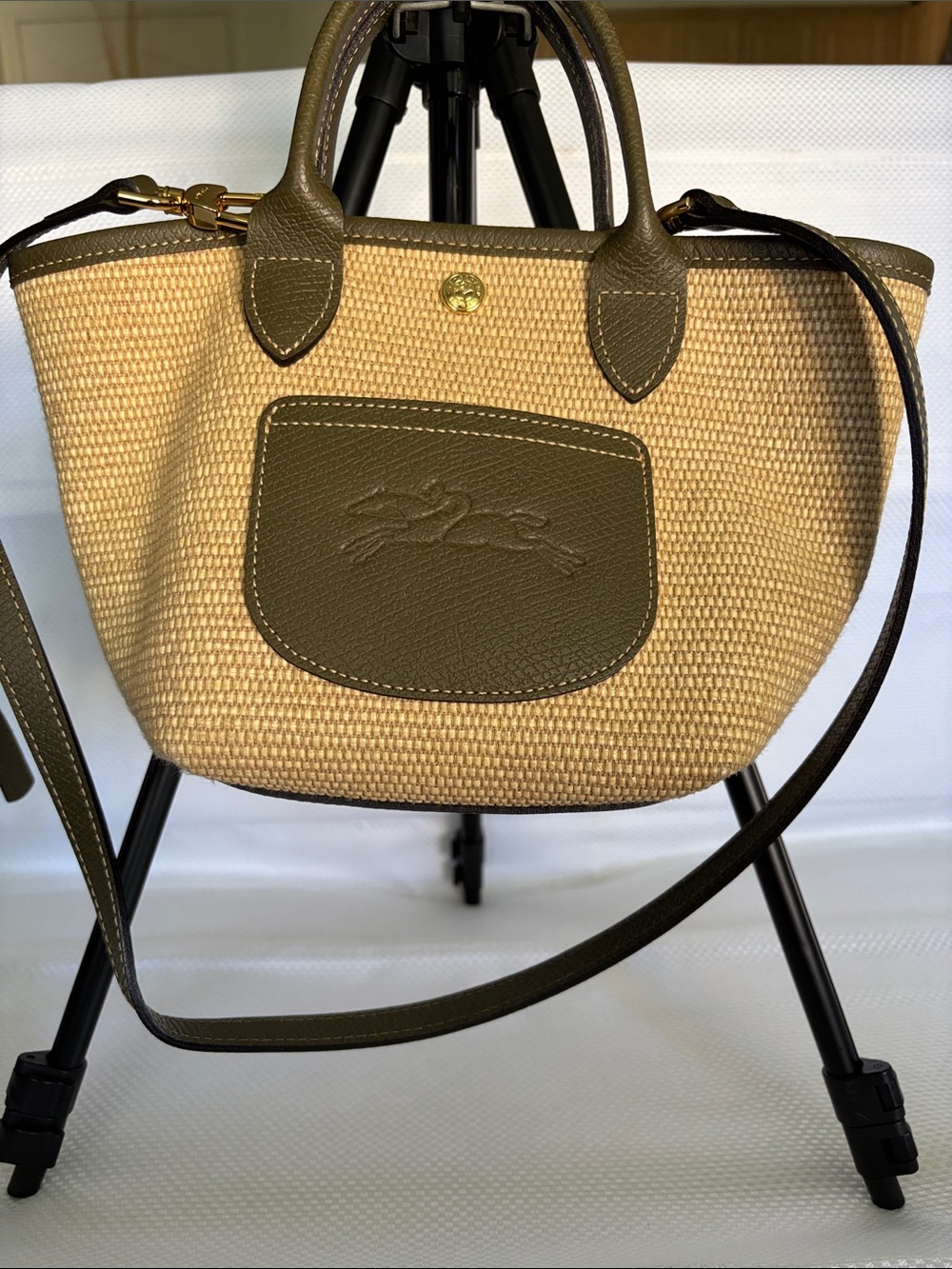 Longchamp Raffia Mini Tote with Olive Trim